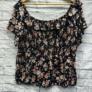 Maurices Black Floral Smocked Peasant Blouse Plus Size 2X